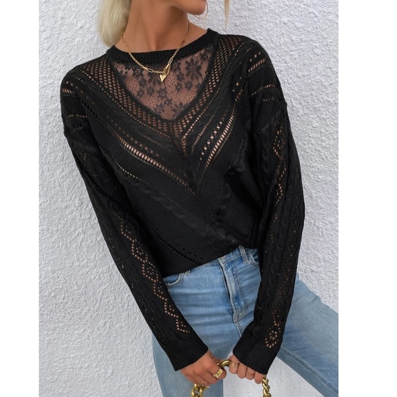 Lace Detail Black Knit Long Sleeve Light Sweater Top - Picture 5 of 11